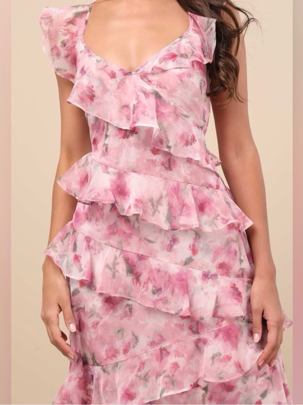 Lulus Evangeline Pink Floral Ruffle Maxi Dress | Open Back | S - Picture 3 of 9